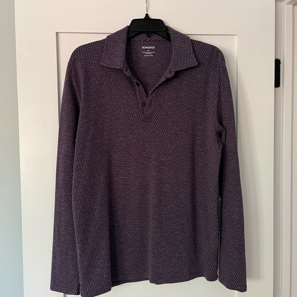 Bonobos Men's Luxe Houndstooth Long Sleeve Polo, deep purple size medium